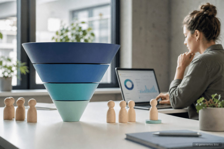 Trichterförmiges Diagramm zeigt die Phasen eines Marketing Funnels von oben nach unten.